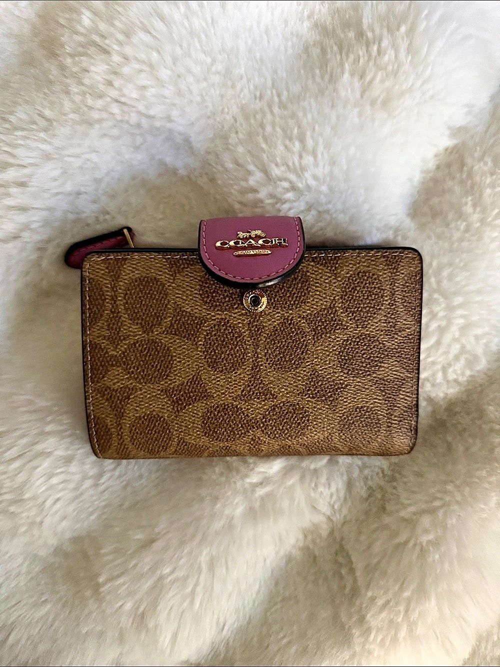 Coach Medium Corner Zip Wallet in Signature Canvas Brown & Pink